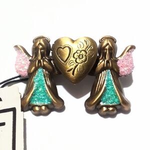 Brass Tone Double Angel & Heart Locket Brooch Pin NOS